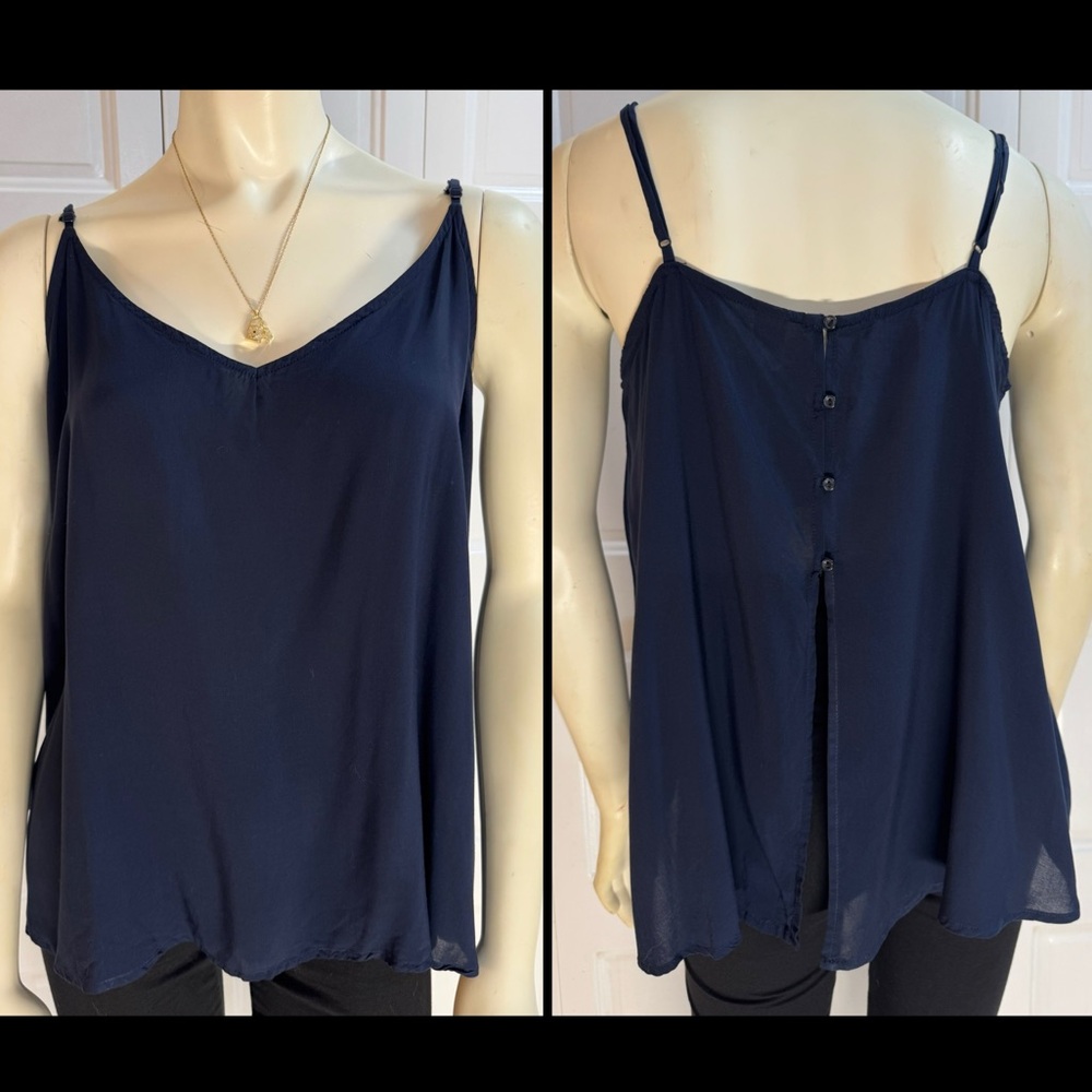 Old Navy Navy Blue Rayon Tank Top with Button Back Slit EUC | Size L